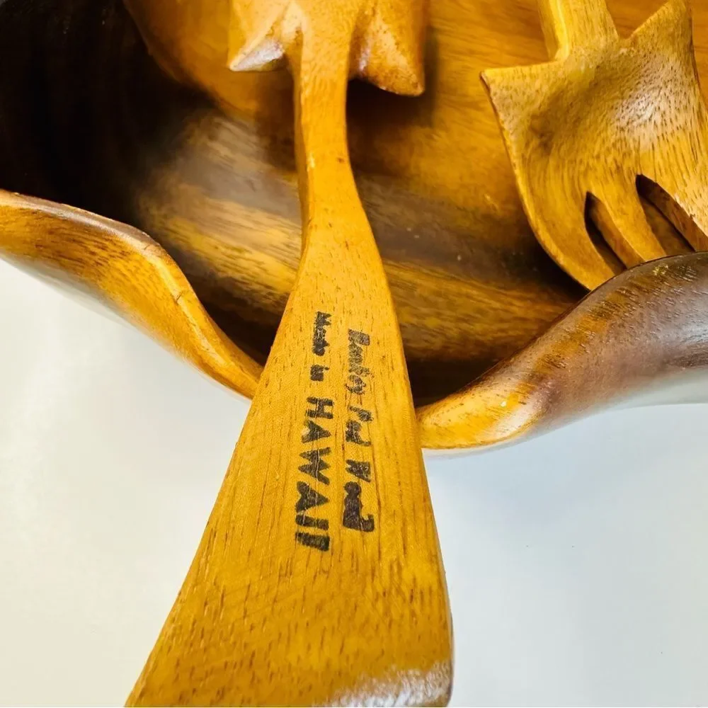 Monkey POD Leaf Bowl With Serving‎ Forks Set Of 3 Made In Hawaii